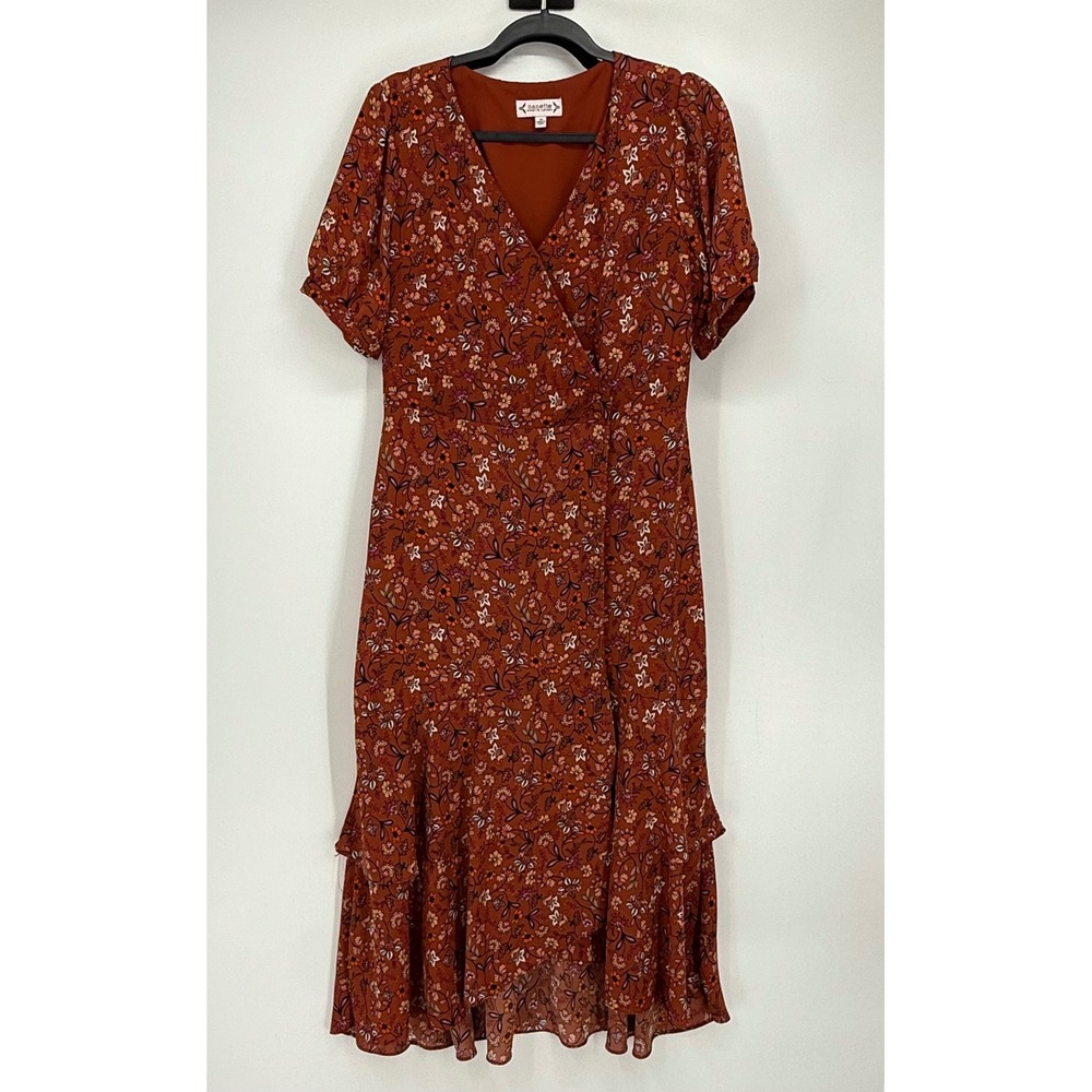 Nanette Lepore Floral‎ Faux Wrap Midi Dress Rust Orange Short Sleeve Boho Size M